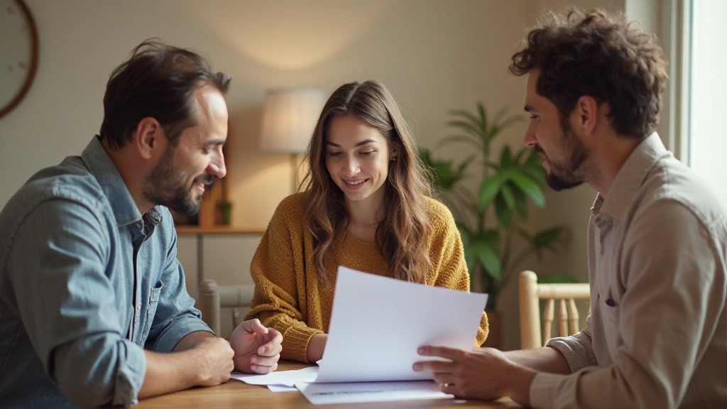 Семья обсуждает финансовый план в уютной гостиной за столом