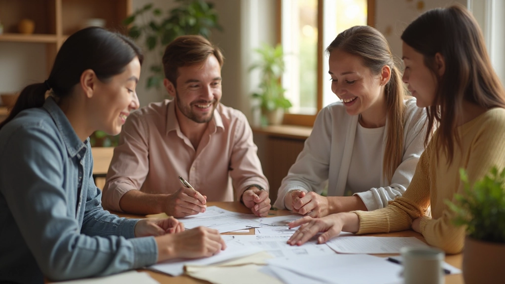 Семья обсуждает финансовый план в уютной гостиной за столом