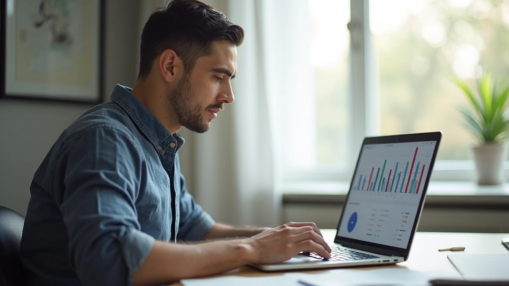 Молодой человек изучает инвестиционный портфель на ноутбуке