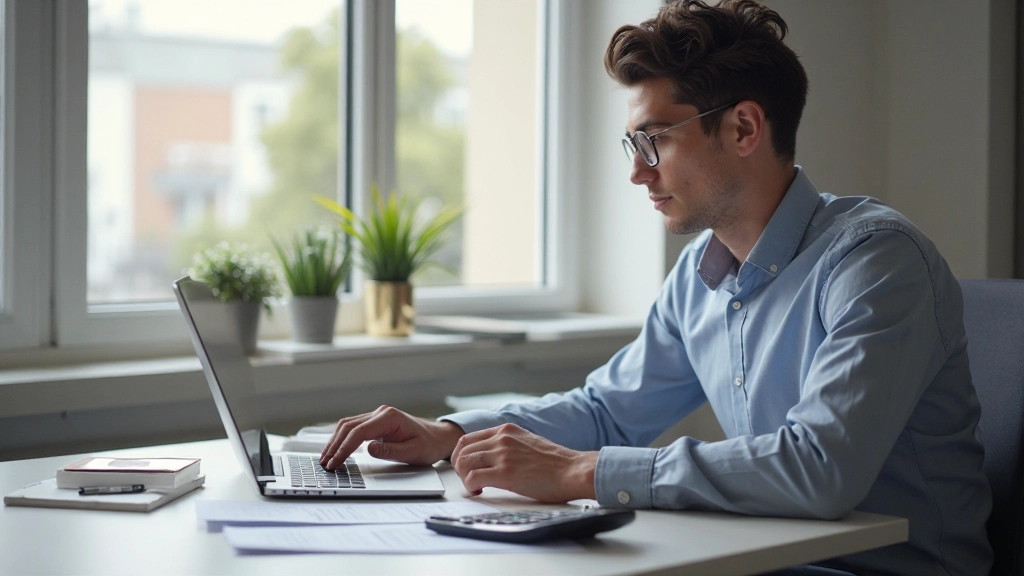 Профессиональное изображение молодого инвестора, анализирующего портфель ценных бумаг на экране ноутбука